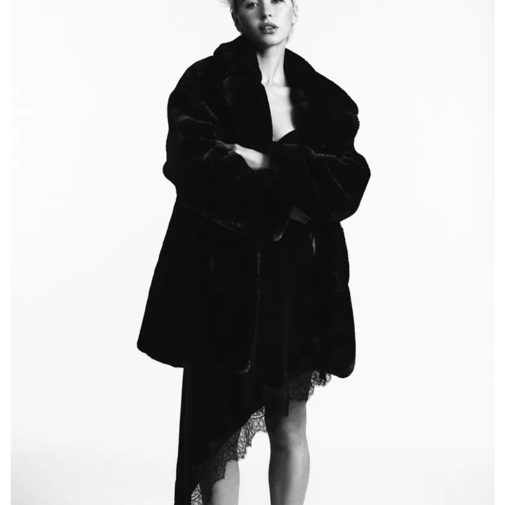 Black Plush Faux Fur Coat